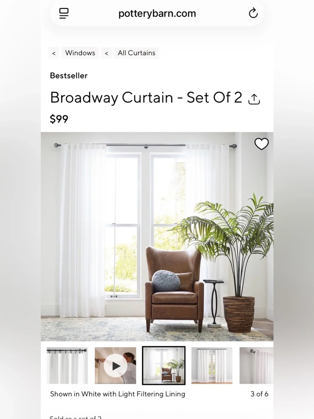Pottery Barn Broadway Curtain Panel 100% Cotton White Set of Two